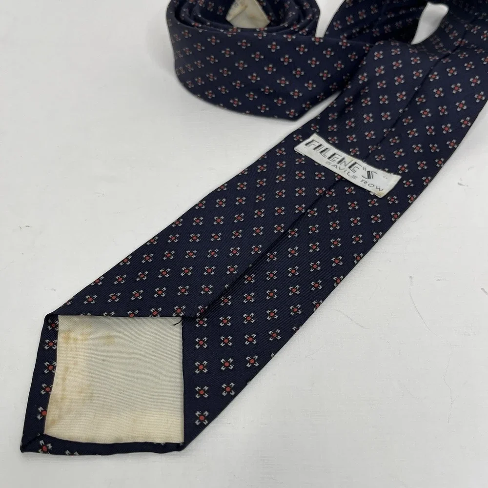 Vintage 60s Savile Row Silk Tie Slim  Navy Geometric Preppy Classic Business